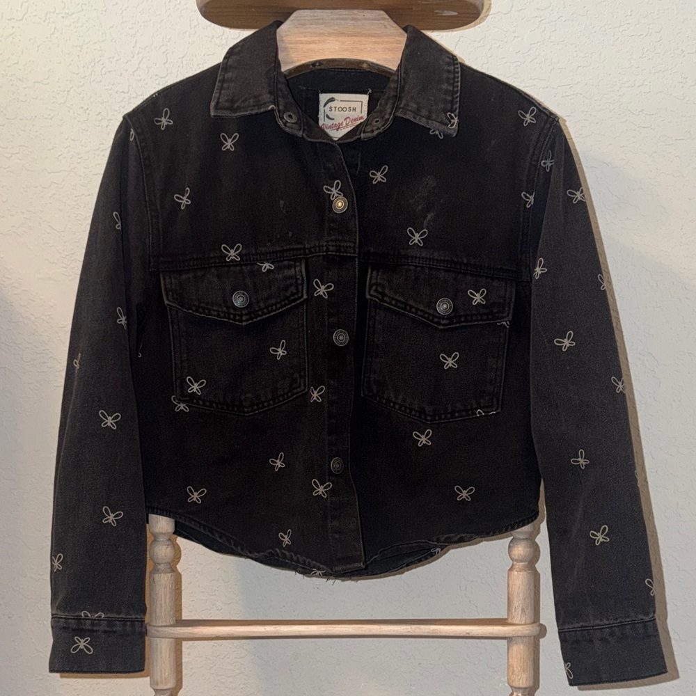 Stoosh Black Denim Jacket Small ButterflyPrint Y2K Cropped Trucker 100% Cotton-C